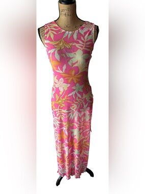 Derek Heart Pink Tropical Floral Swim Cover Up Dress Sz Small Side Tie Slits